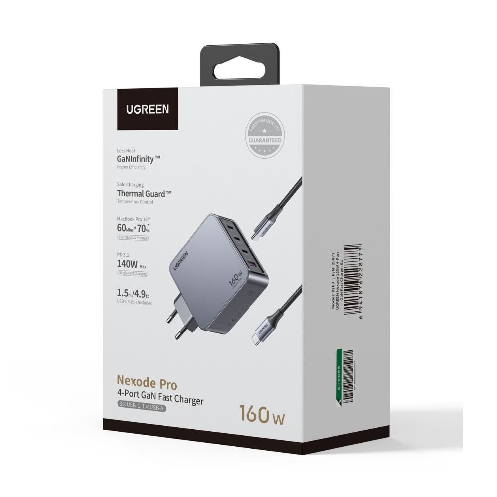 Φορτιστής Σπιτιού GaN PD 160W UGREEN X763 25877 4 Θέσεων, με καλώδιο USB-C 240W 1.5m Γκρί
