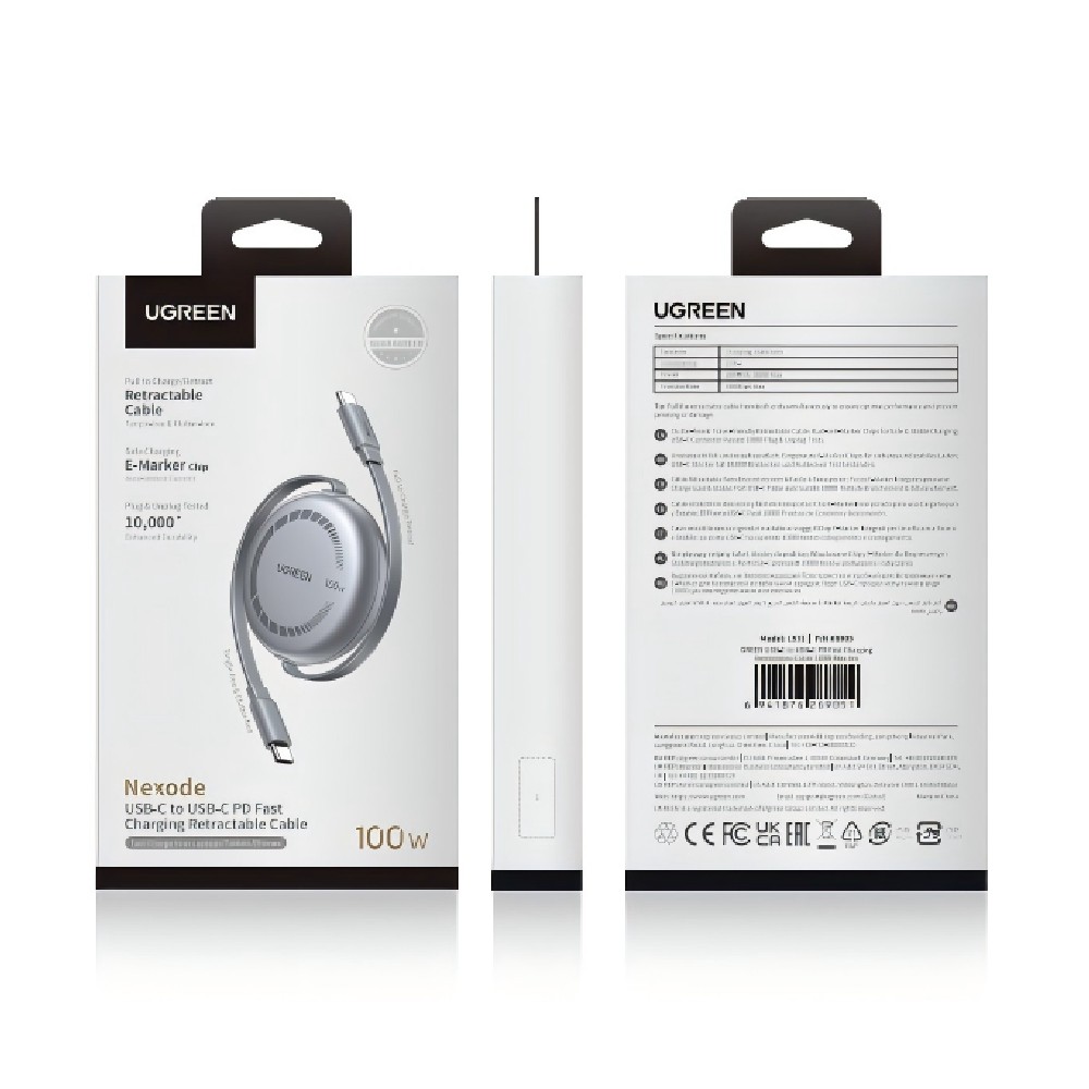 Καλώδιο Φόρτισης UGREEN L531 65905 USB-C σε USB-C PD 100W, Επαναφερόμενο 1m Μαύρο