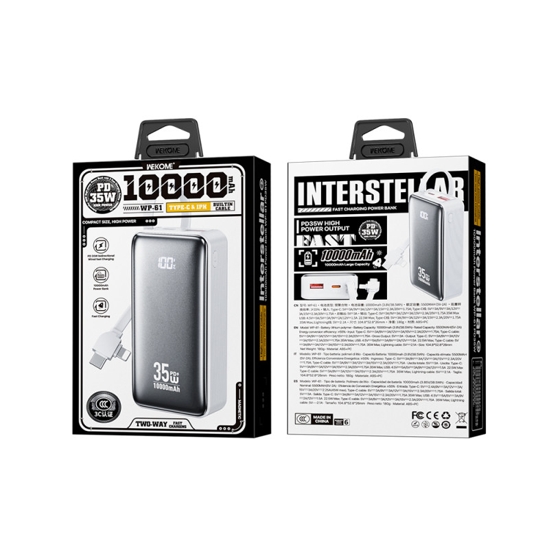 Power Bank 10000mAh PD 35W WK WP-61 2 Θέσεων, με καλώδιο USB-C/Lightning Λευκό