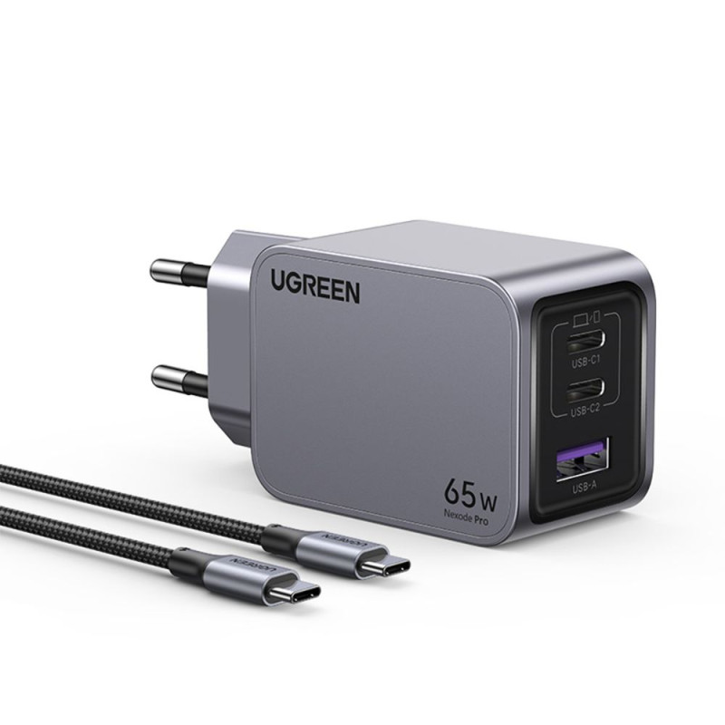 Φορτιστής Σπιτιού GaN PD 65W UGREEN X755 25871 3 Θέσεων, με καλώδιο USB-C 100W 1.5m Γκρί