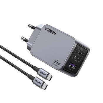 Φορτιστής Σπιτιού GaN PD 65W UGREEN X755 25871 3 Θέσεων, με καλώδιο USB-C 100W 1.5m Γκρί