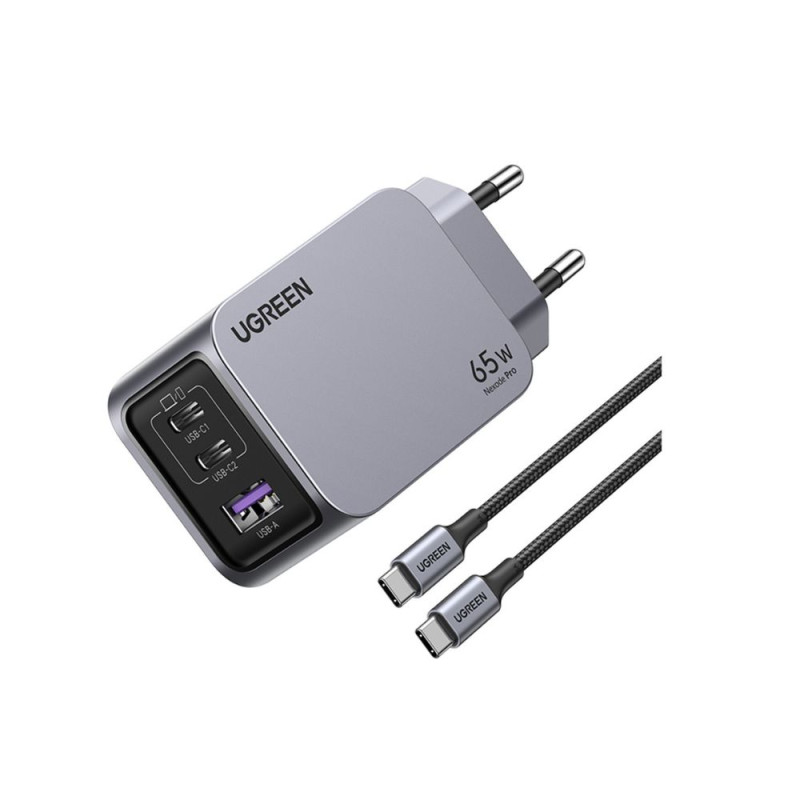 Φορτιστής Σπιτιού GaN PD 65W UGREEN X755 25871 3 Θέσεων, με καλώδιο USB-C 100W 1.5m Γκρί