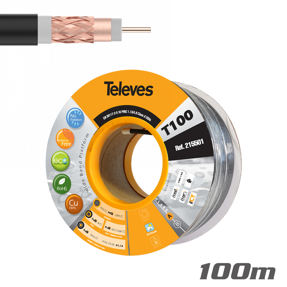 215501 ΚΑΛΩΔΙΟ Coaxial T100plus Cu/Cu Fca PE Black 100m