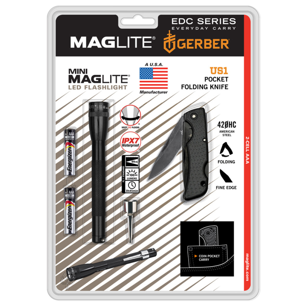 SP32TRK Φακός MINI MAGLITE 2x AAA LED μαύρος & μαχαίρι Gerber KIT