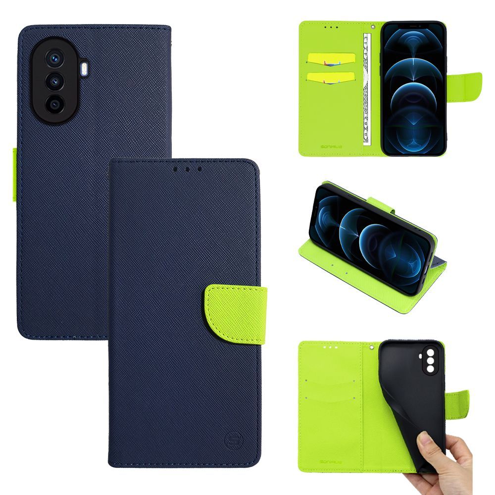 Θήκη Πορτοφόλι Sonique Trend Wallet Huawei Nova Y70 Σκούρο Μπλε / Λαχανί