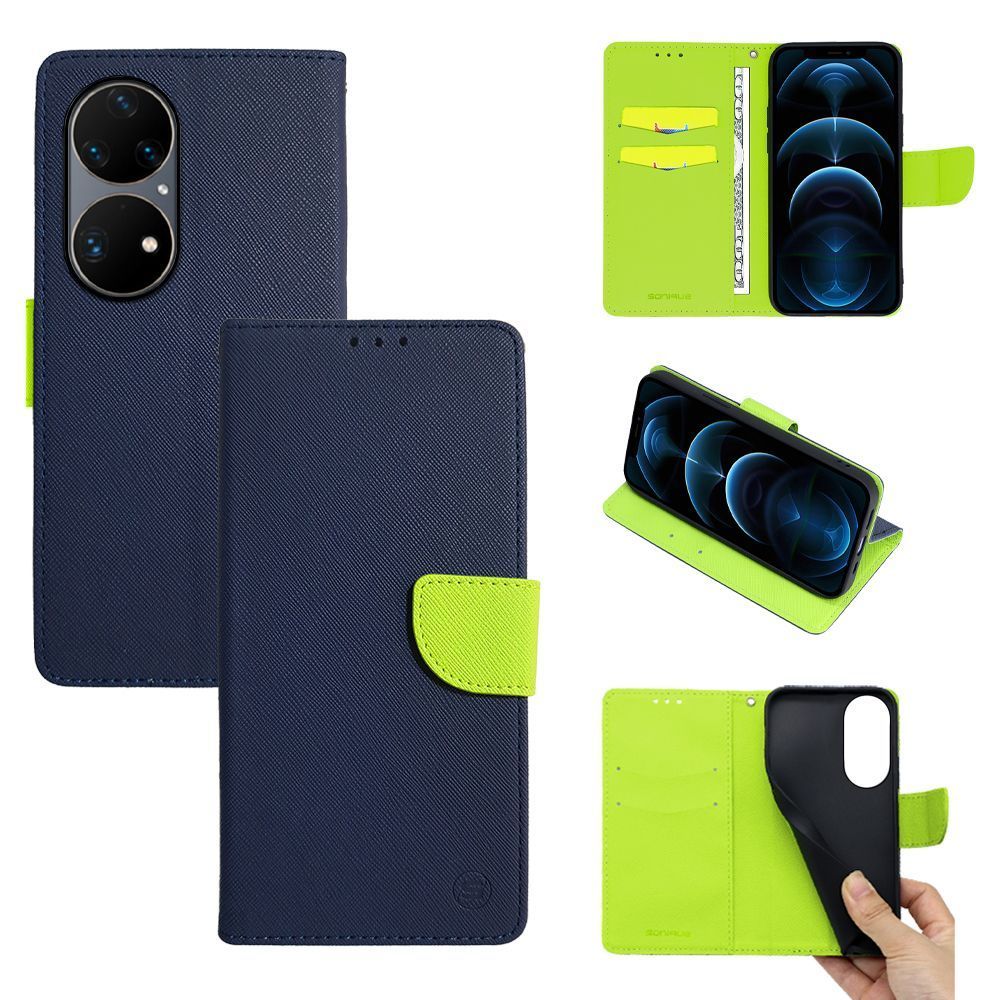 Θήκη Πορτοφόλι Sonique Trend Wallet Huawei P50 Pro Σκούρο Μπλε / Λαχανί