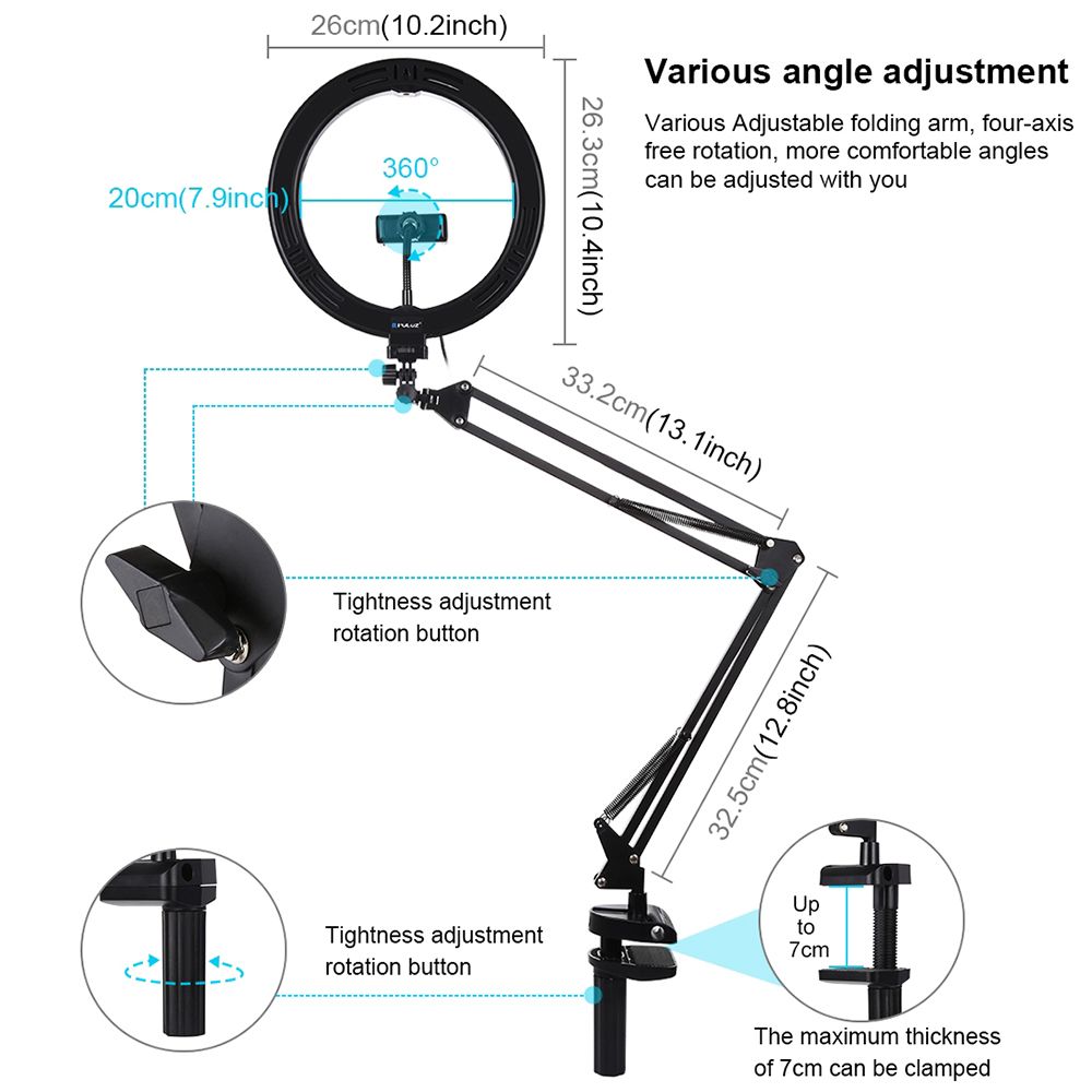 Ring Light LED Puluz 10.2" 26cm με Επιτραπέζια Βάση και Βάση Κινητού