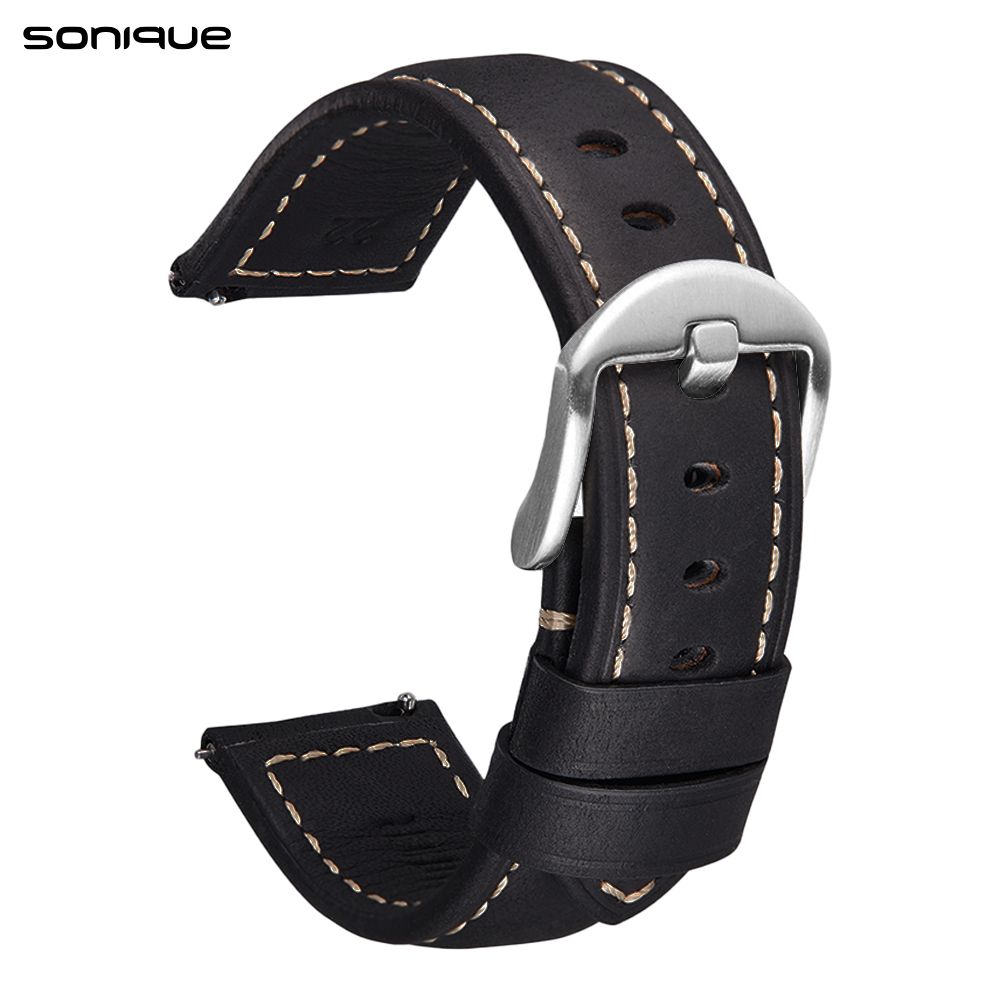Λουράκι Δερμάτινο Sonique με Ασημι Κούμπωμα 22mm για Samsung, Huawei, Amazfit, Xiaomi, Honor Μαύρο