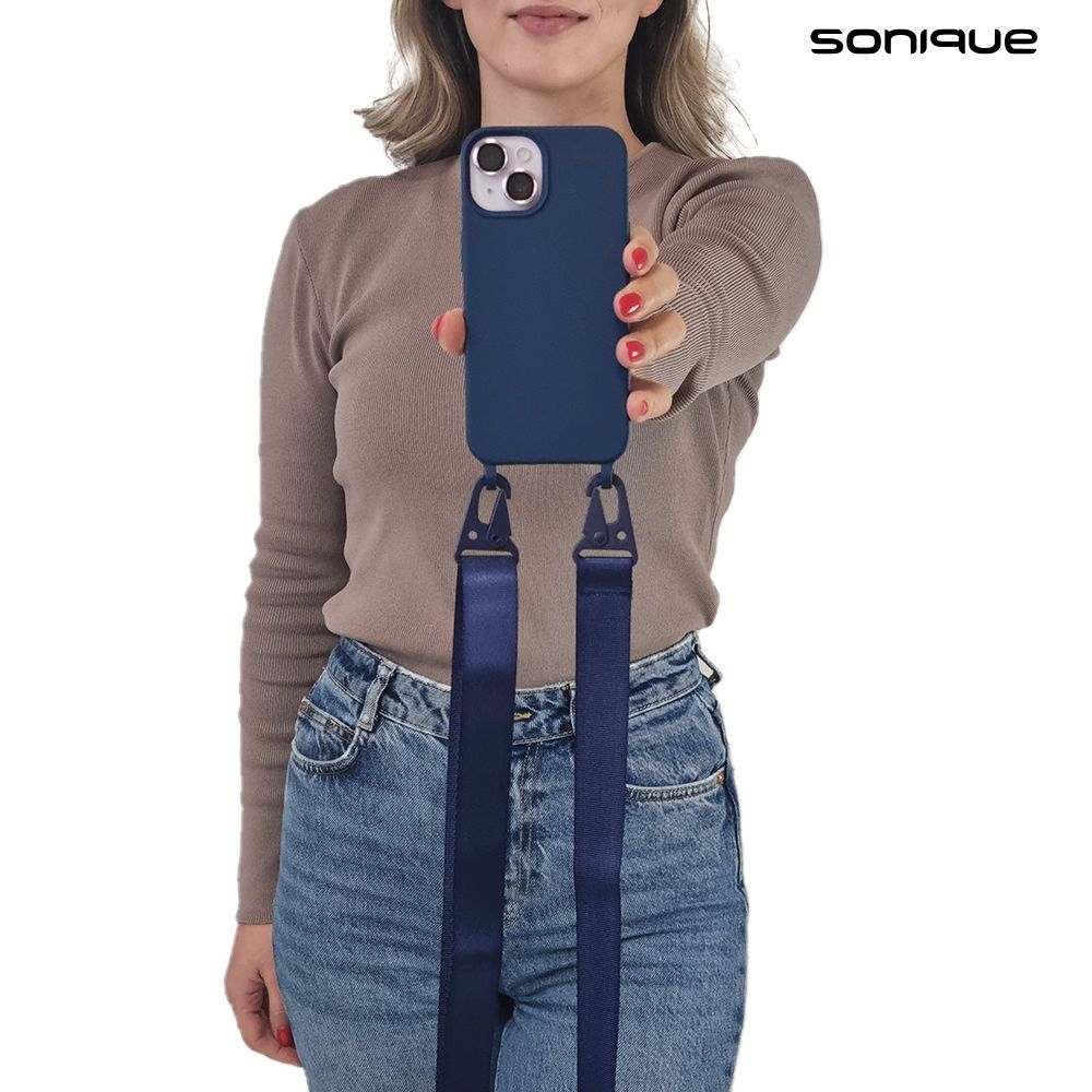 Θήκη Σιλικόνης με Strap CarryHang Sonique Apple iPhone 15 Μπλε Σκούρο