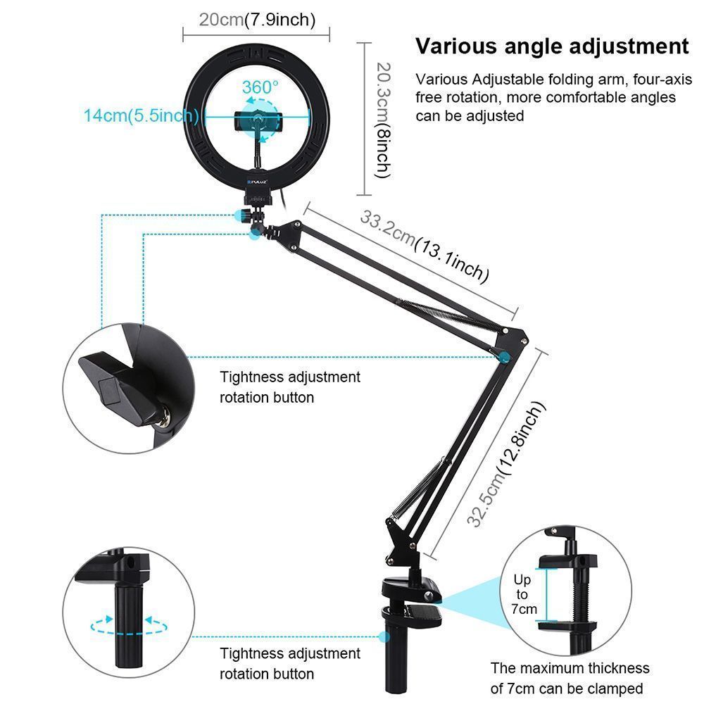 Ring Light LED Puluz 7.9" 20cm με Επιτραπέζια Βάση και Βάση Κινητού