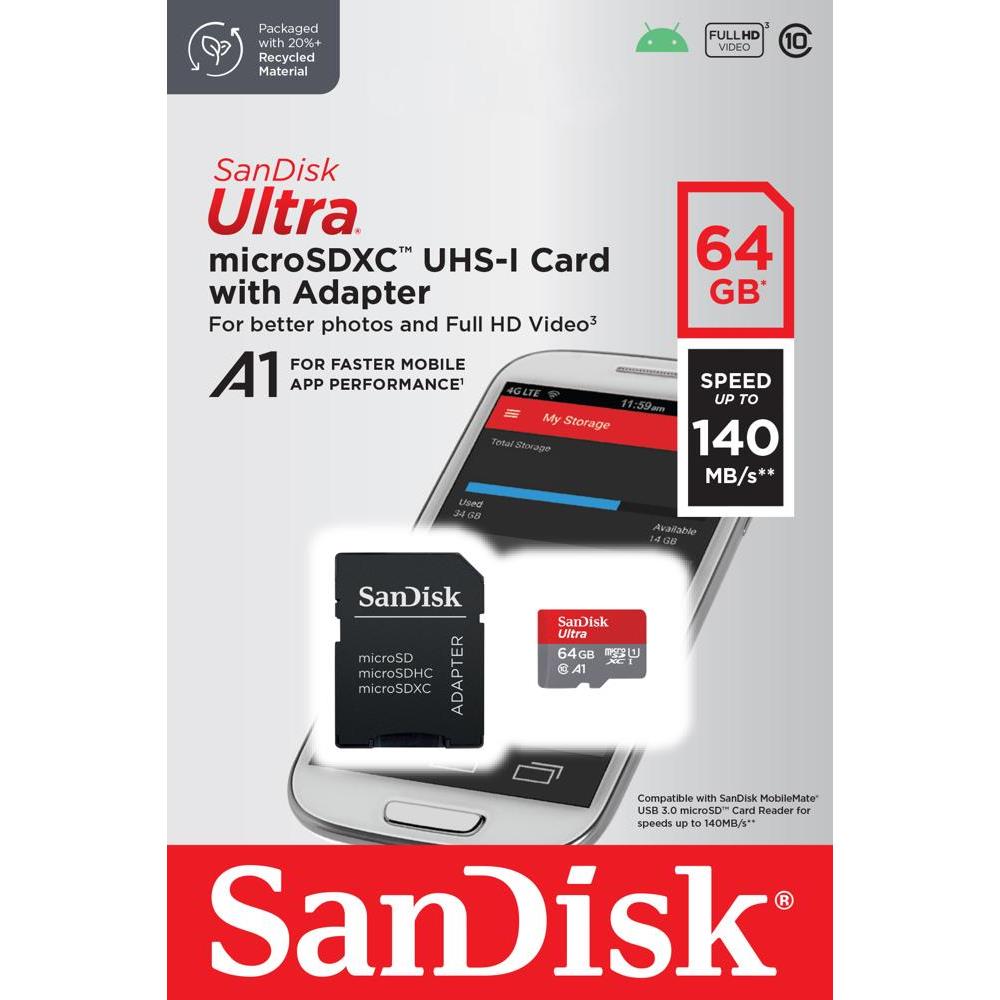 Κάρτα Μνήμης SanDisk A1 micro SDXC 64GB|UHS-I|Class 10|140MB/s+Adapter