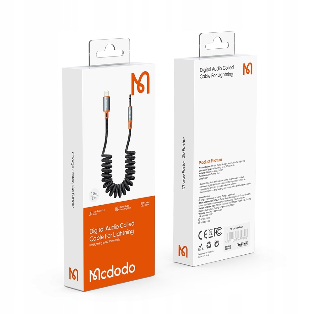 Καλώδιο ήχου Mcdodo CA-0890 Lightning σε Jack 3.5mm, Σπιράλ, Nylon Braided, 1.8m Μαύρο