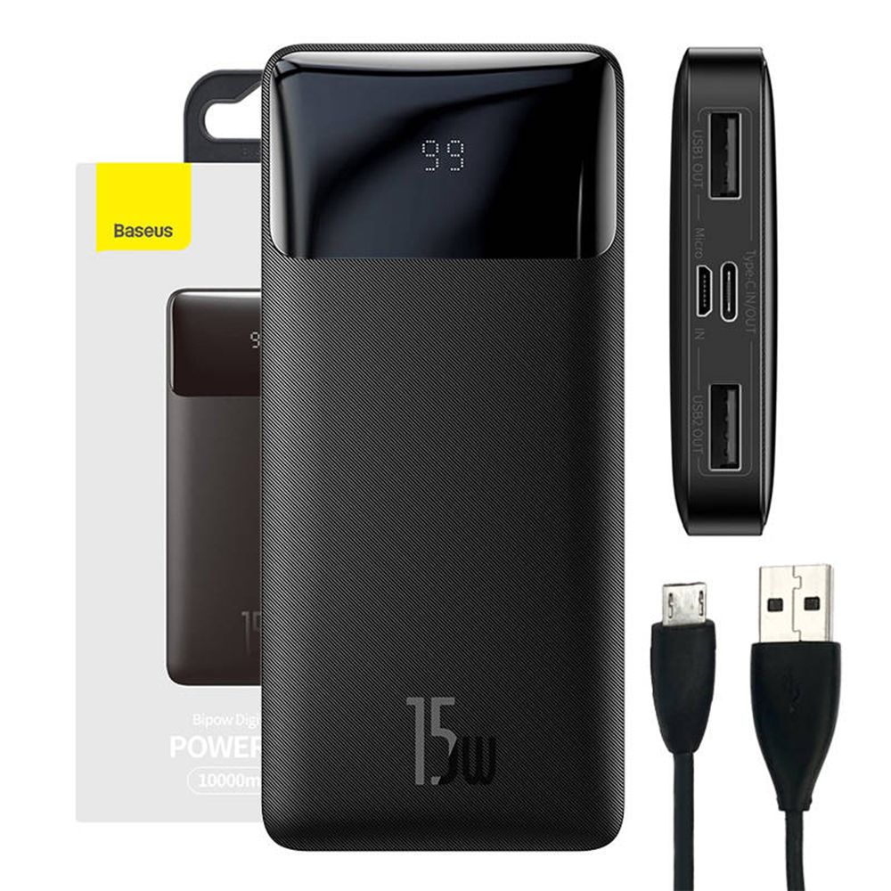 Powerbank Baseus Bipow 10000mAh, με 2 Θύρες USB-A και Θύρα USB-C, 15W PD Μαύρο