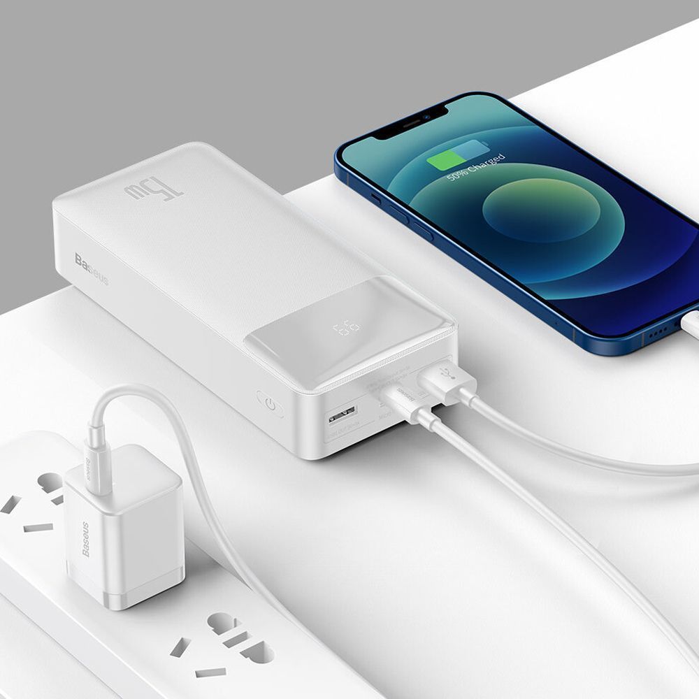Powerbank Baseus Bipow 30000mAh, με 2 Θύρες USB-A και Θύρα USB-C, 15W PD Λευκό