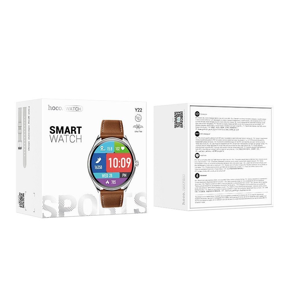 Smartwatch HOCO Y22 Brown Leather Strap Ασημί