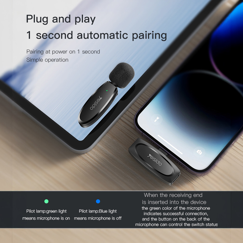 Yesido Ασύρματο Μικρόφωνο Πέτου KR12 1-σε-1 Lightning με Ai Noise Reduction Μαύρο