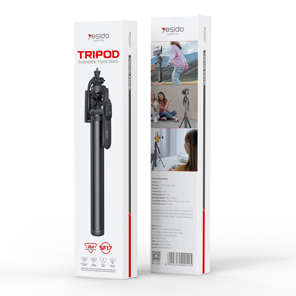 Yesido SF17 Tripod Selfie Stand με Bluetooth Χειριστήριο για Κινητό & Κάμερα 2m Μαύρο