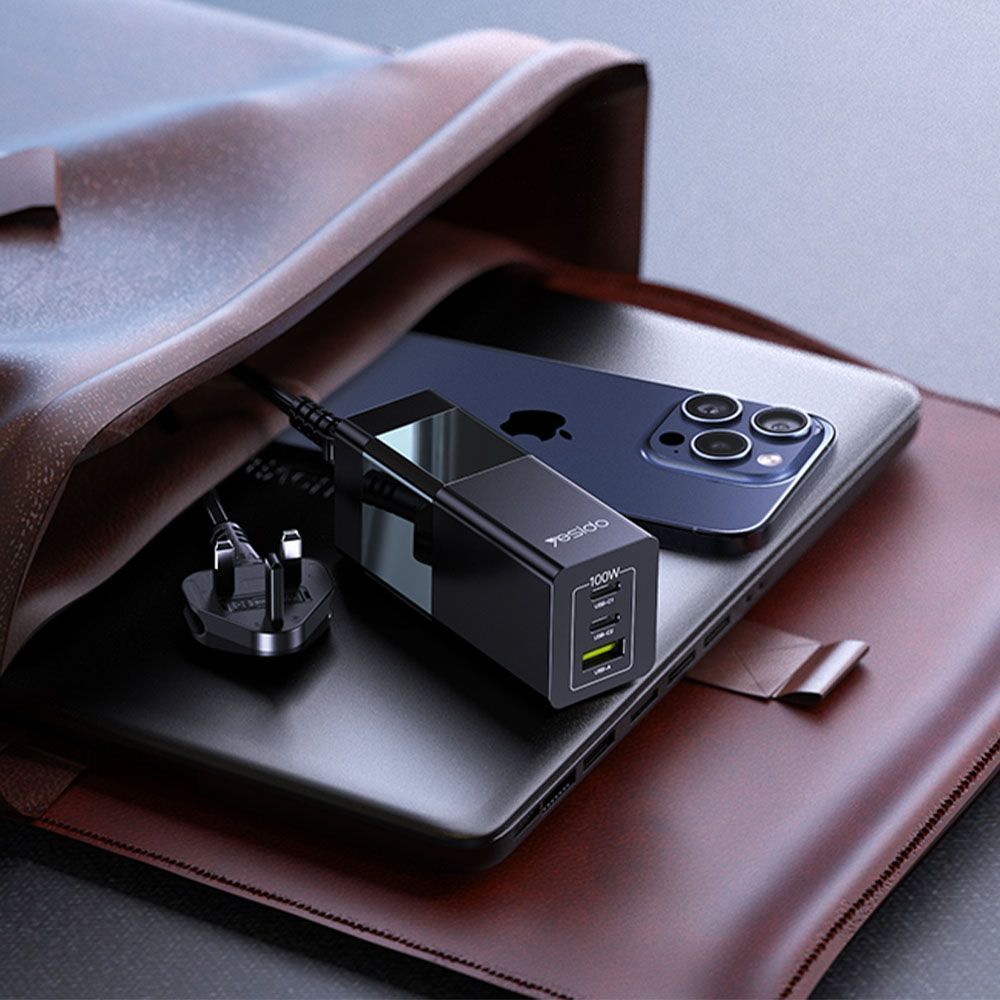 Φορτιστής Yesido YC58 USB-A + 2x Type-C 100W GaN Fast Charger Μαύρο