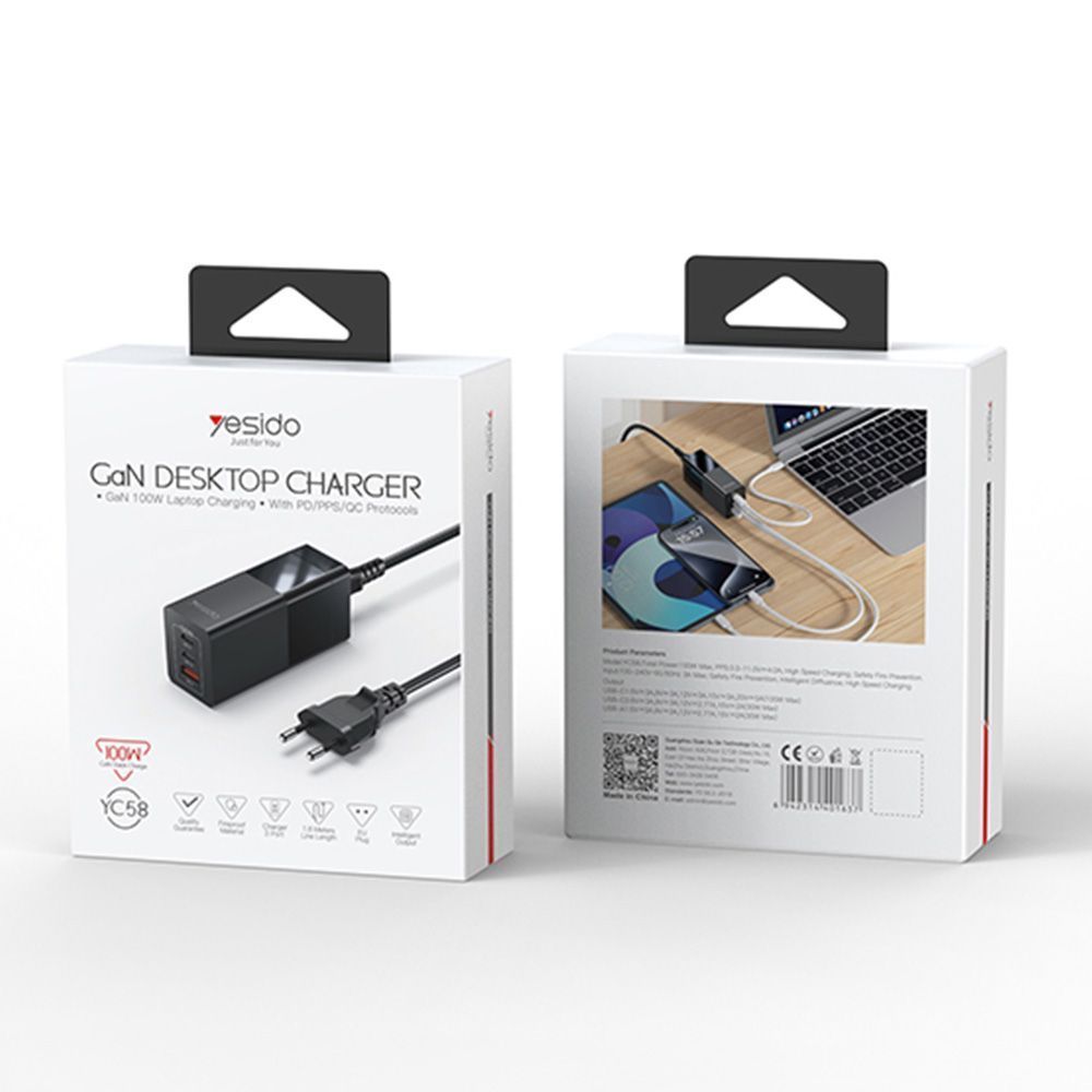 Φορτιστής Yesido YC58 USB-A + 2x Type-C 100W GaN Fast Charger Μαύρο