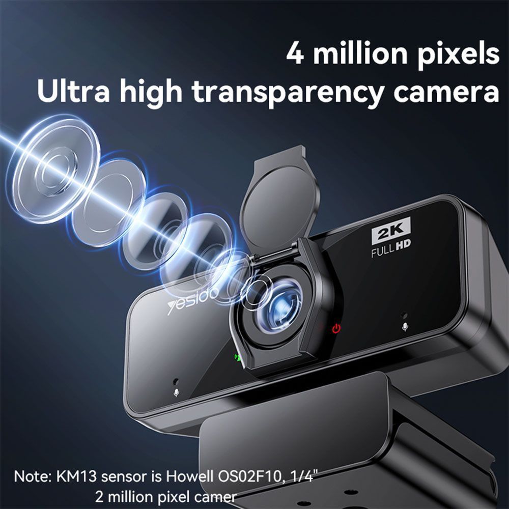 Yesido KM14 USB Webcam 2K 30FPS με Μικρόφωνο και Κάλυμμα Μαύρο