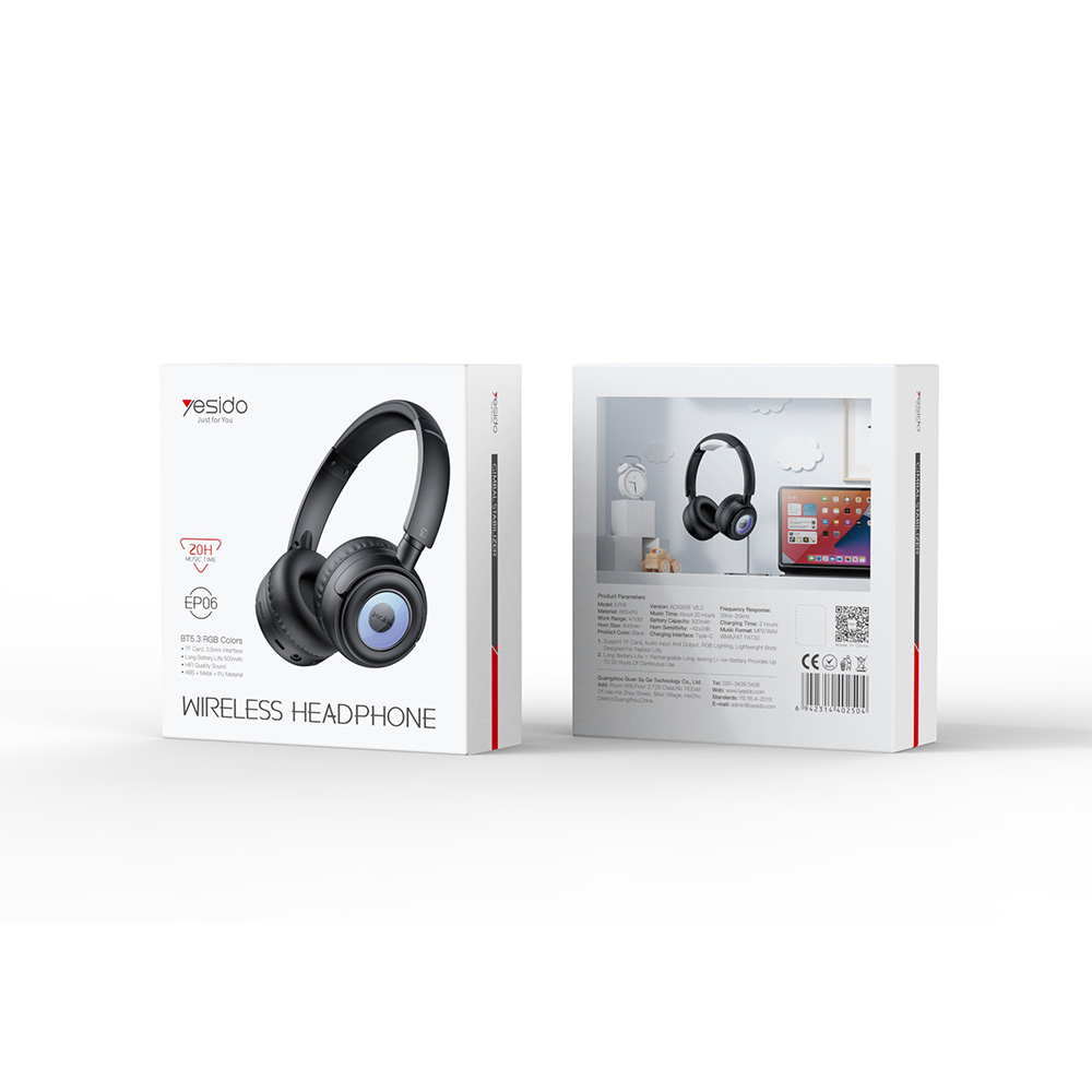 Bluetooth 5.3 Headset Yesido EP06 RGB On Ear με Ενσωματομένη Μπαταρία 400mah Μαύρο