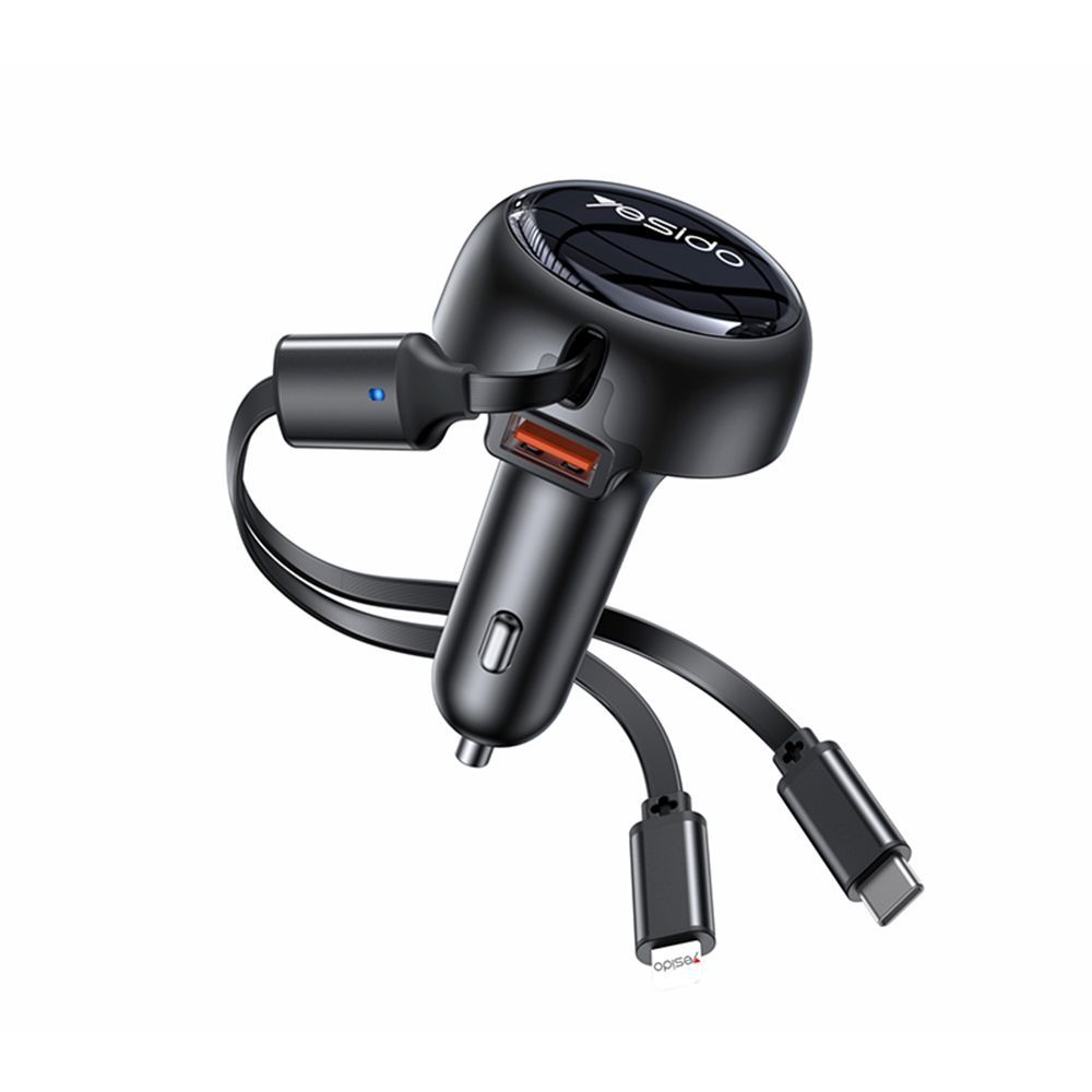 Φορτιστής Αυτοκινήτου Yesido Y61 USB-A 53W με ενσωματωμένα αναδιπλούμενα καλώδια Type-C & Lightning Μαύρο
