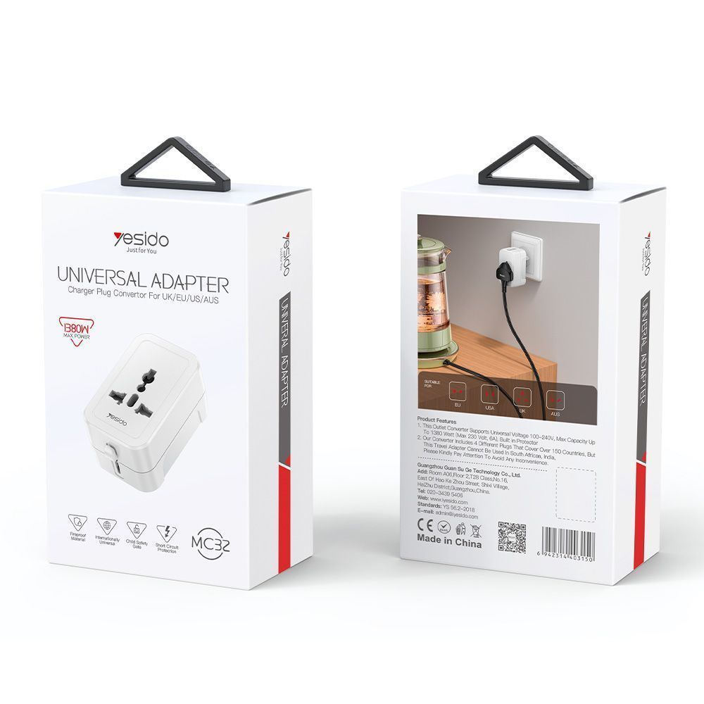 Universal Αντάπτορας Πρίζας Yesido MC32 1380W AU/US/EU/UK Λευκό