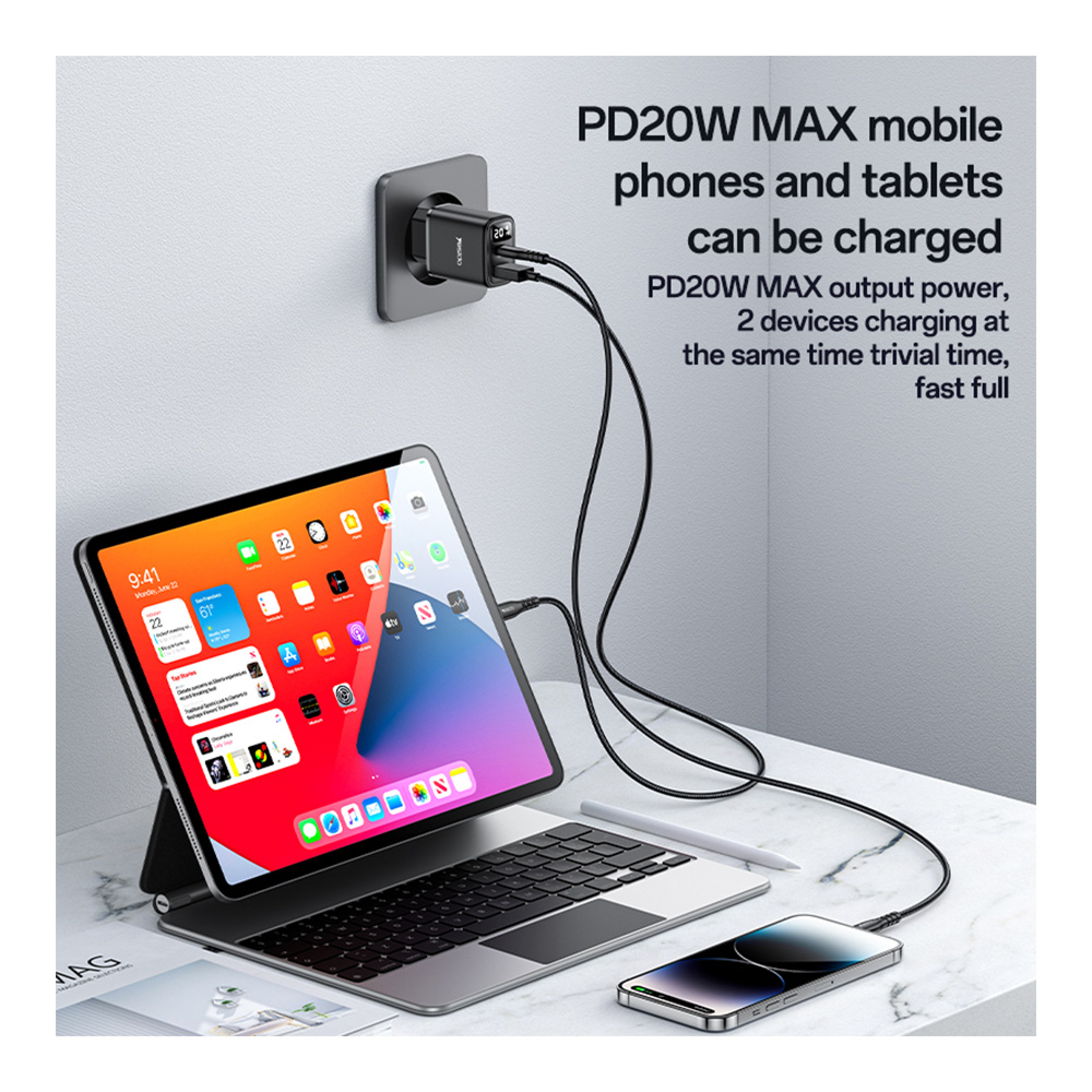 Φορτιστής Yesido YC68 USB-A + Type-C 20W PD Digital Display Μαύρο
