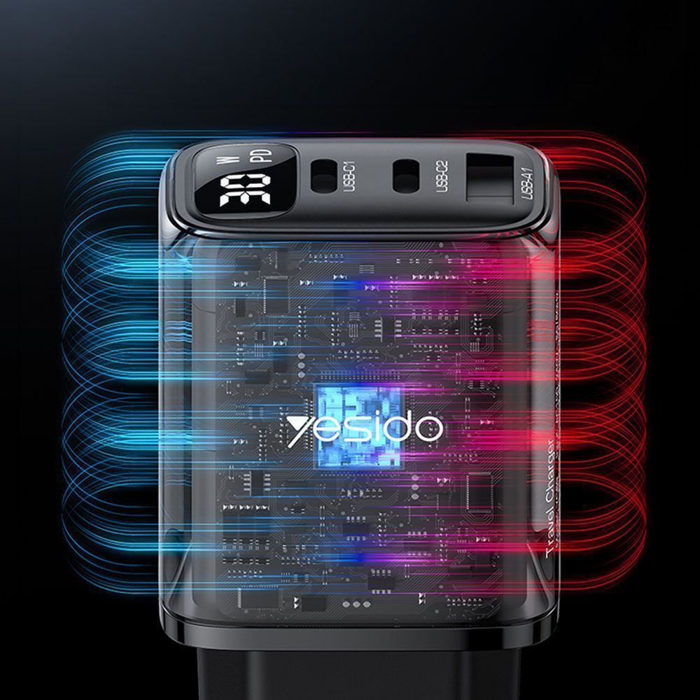 Φορτιστής Yesido YC69 USB-A + 2x Type-C 30W PD Digital Display Μαύρο