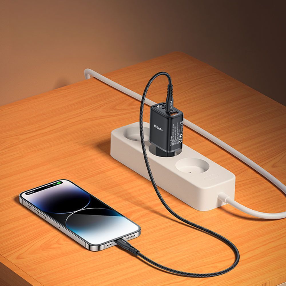 Φορτιστής Yesido YC69 USB-A + 2x Type-C 30W PD Digital Display Μαύρο