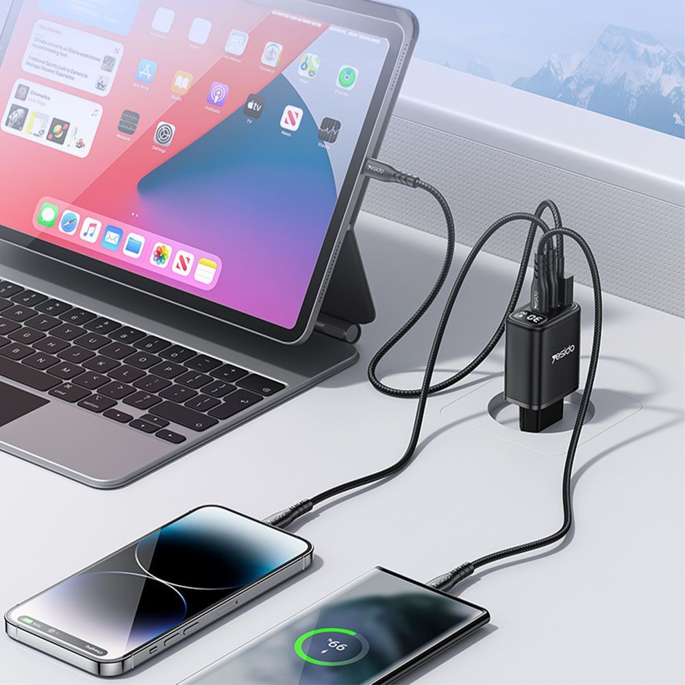 Φορτιστής Yesido YC69 USB-A + 2x Type-C 30W PD Digital Display Μαύρο