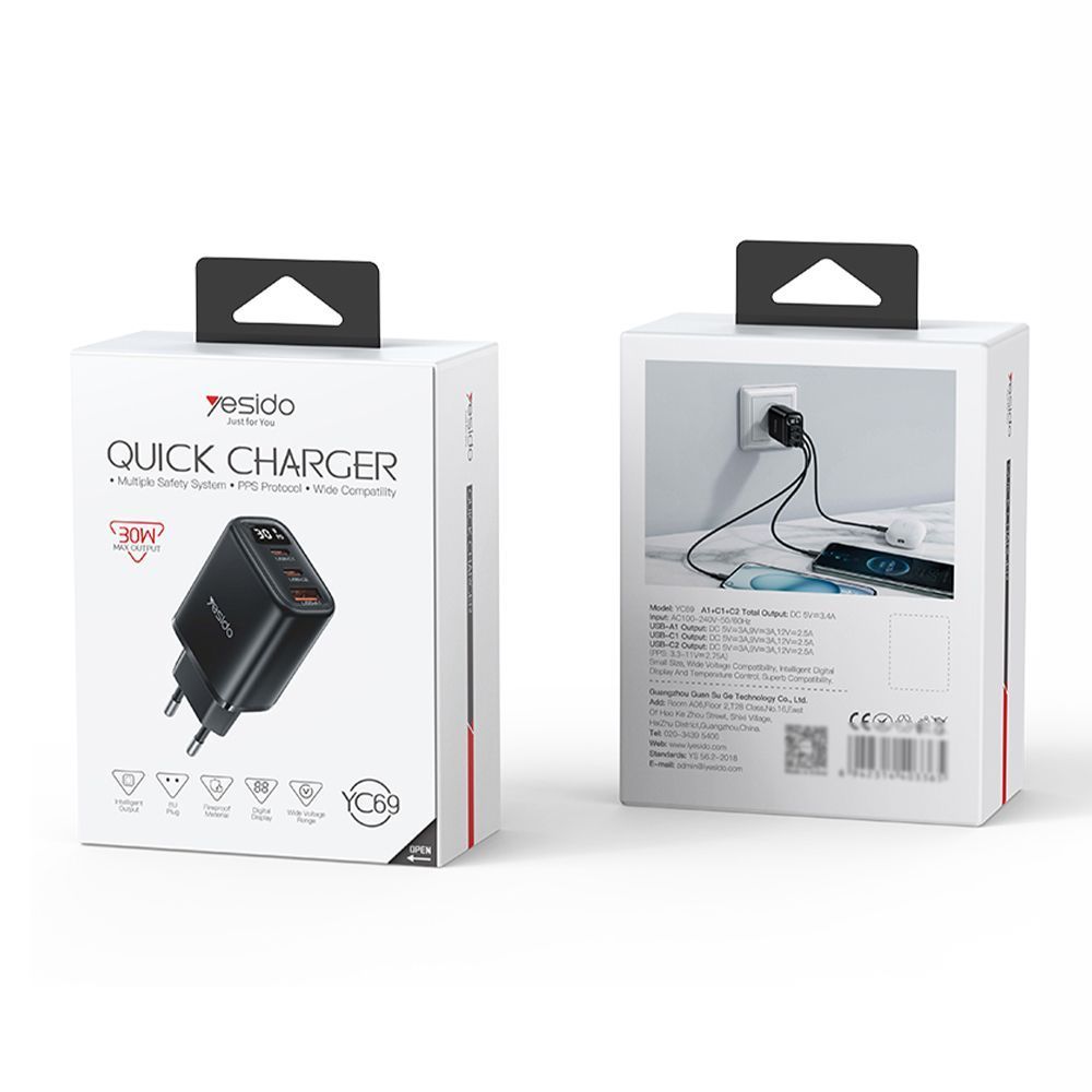 Φορτιστής Yesido YC69 USB-A + 2x Type-C 30W PD Digital Display Μαύρο