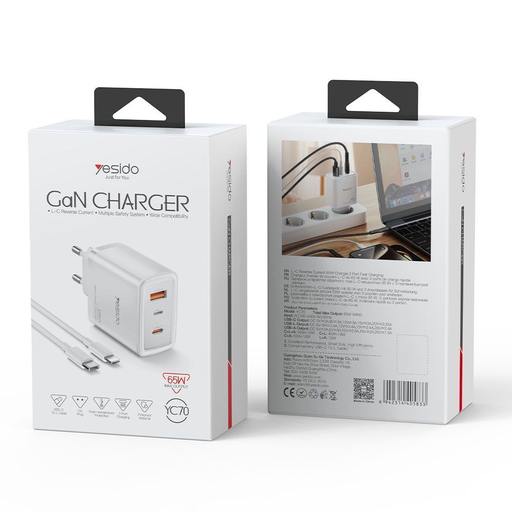 Φορτιστής Yesido YC70 65W USB-A / USB-L / USB-C και καλώδιο USB-C - Lightning PD Λευκό