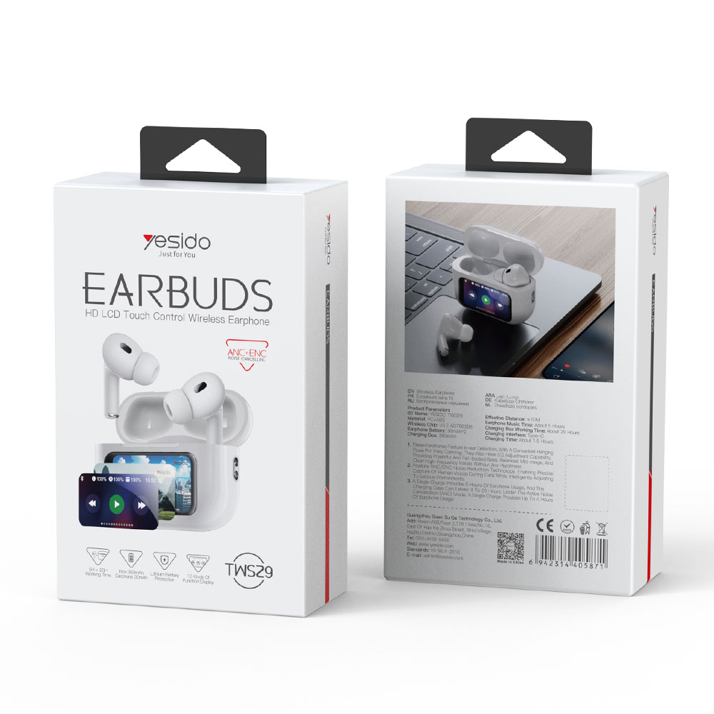 Ακουστικά Bluetooth Yesido TWS29, ANC & ENC με Θήκη Φόρτισης & Οθόνη Λευκό