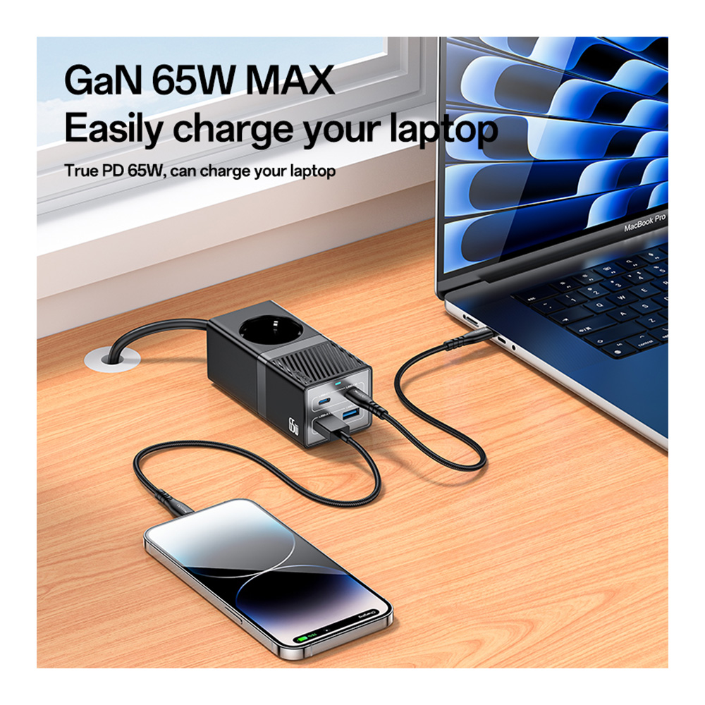 USB HUB Adapter Yesido MC36 (2xUSB3.0 2xUSB-C + 220V) 1.5m GaN 65W 10A Μαύρο