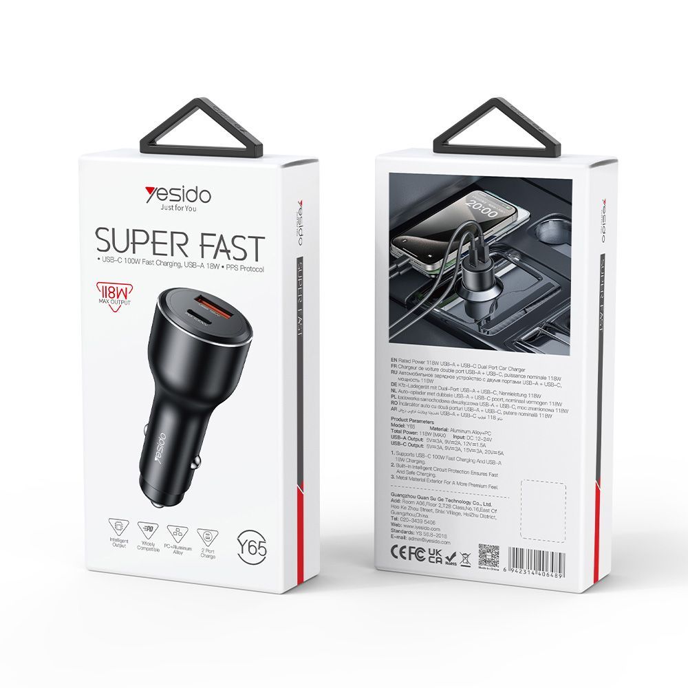 Φορτιστής Αυτοκινήτου Yesido Y65 USB-A + USB-C 100W + QC 18W Μαύρο