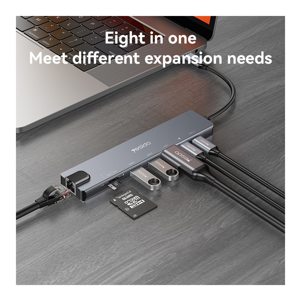 USB Hub Yesido HB27 8-in-1 Type-C με PD 100W & 4K HDMI Γκρι