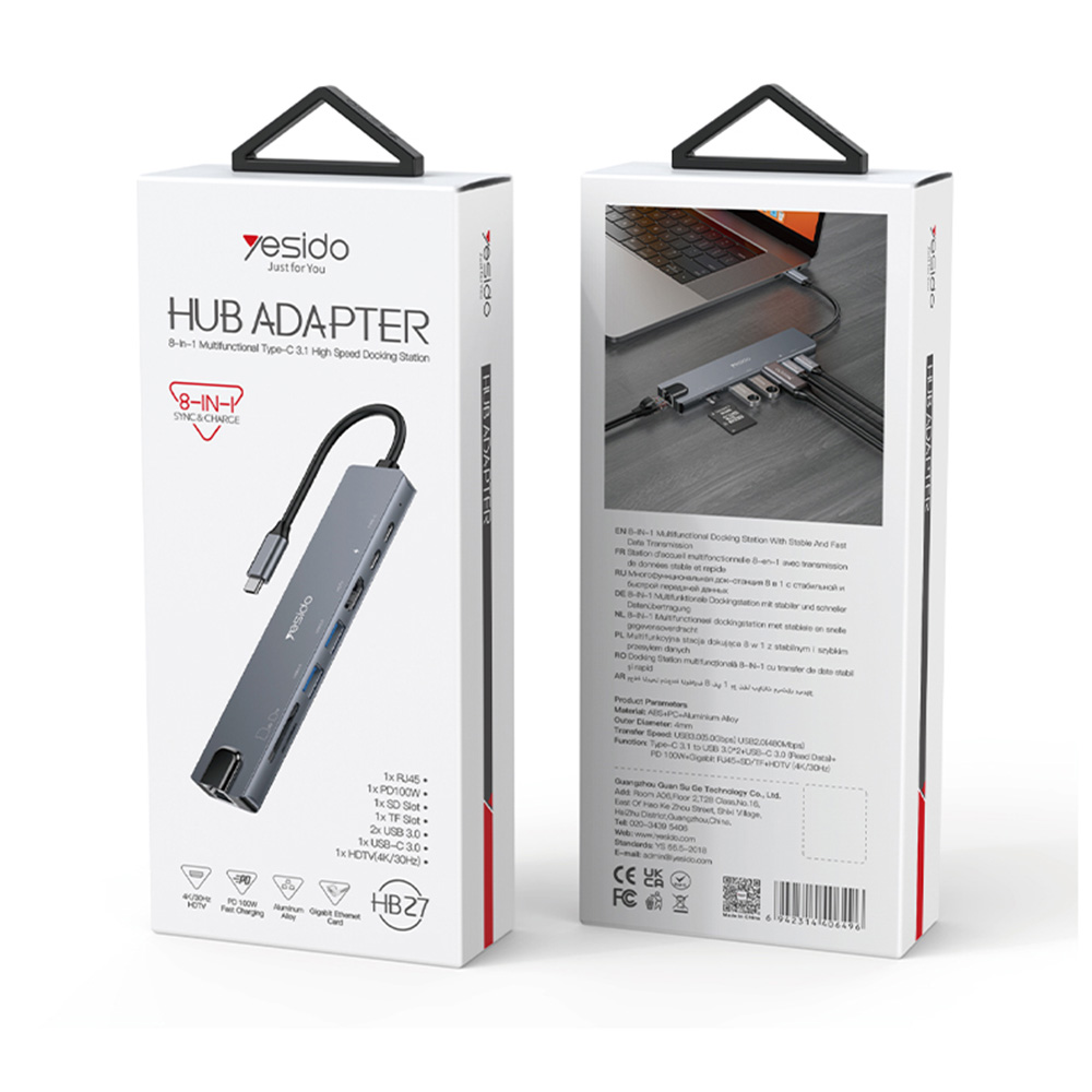 USB Hub Yesido HB27 8-in-1 Type-C με PD 100W & 4K HDMI Γκρι