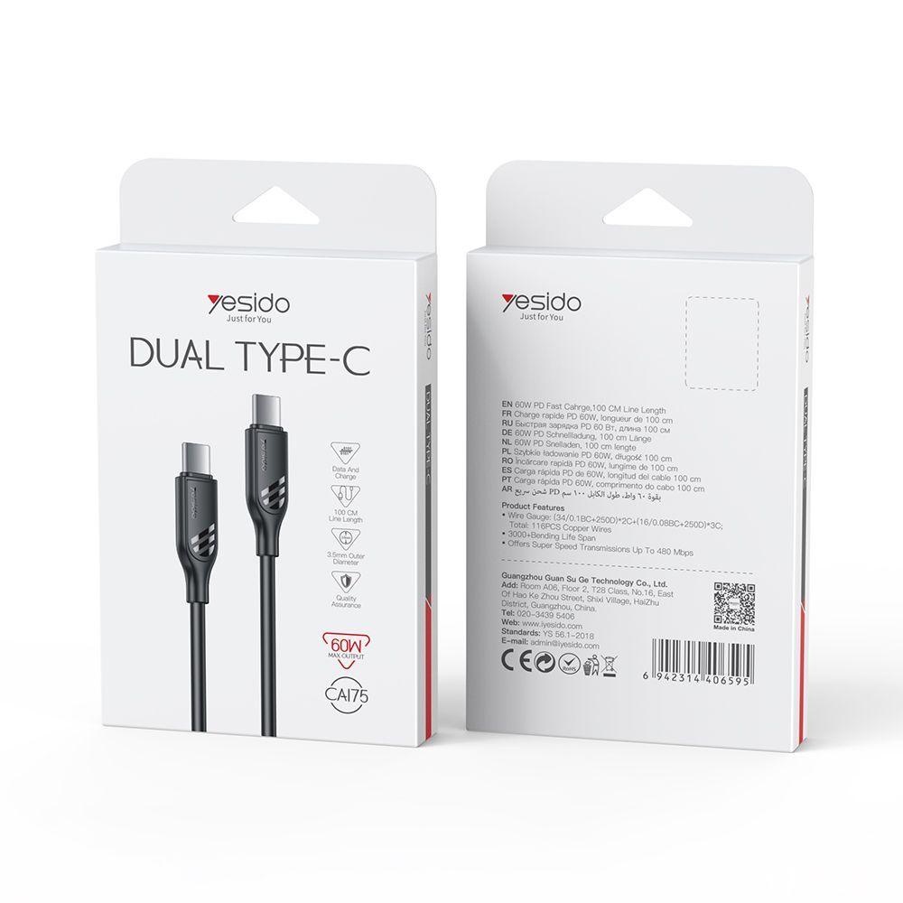 Καλώδιο Yesido CA175 Type-C σε Type-C 60W 1m Μαύρο