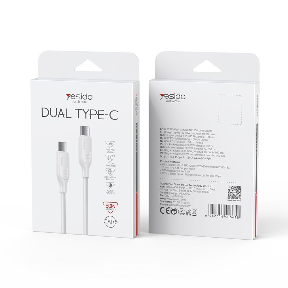 Καλώδιο Yesido CA175 Type-C σε Type-C 60W 1m Λευκό