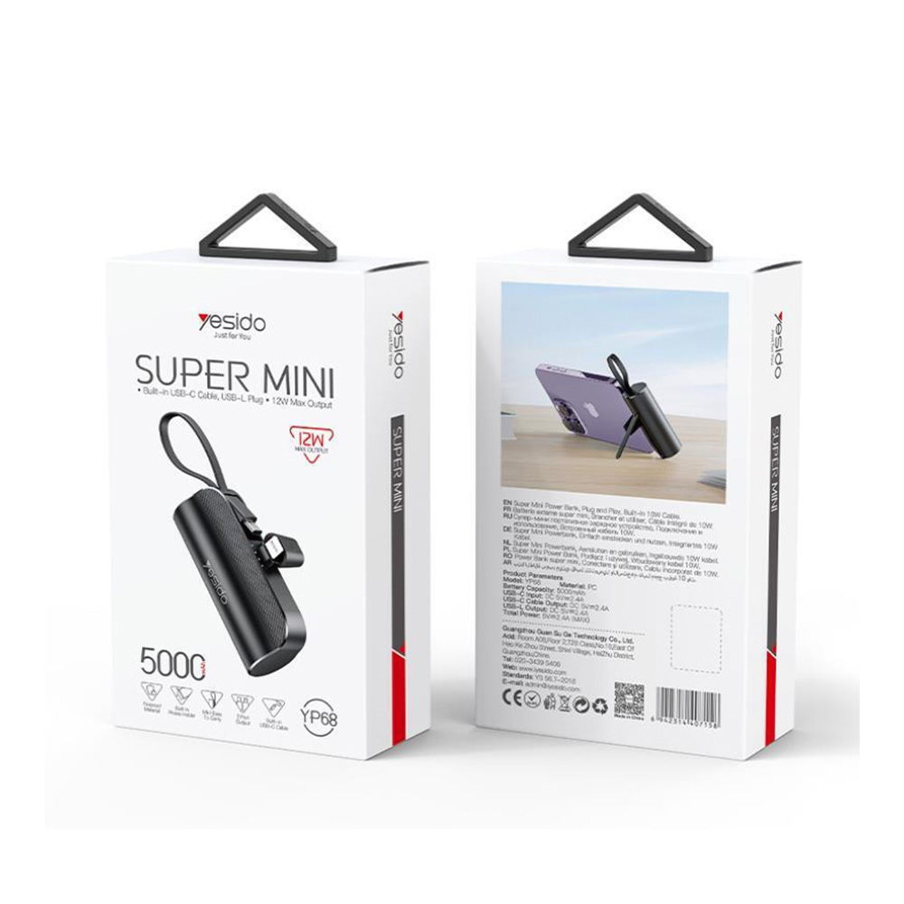 Powerbank Capsule Yesido YP68 5000mAh 12Watt Max, USB-L με καλώδιο Type-C Μαύρο