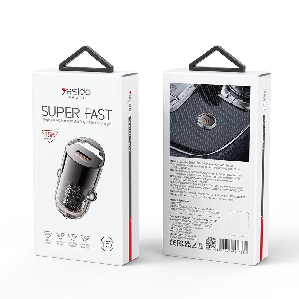 Φορτιστής Αυτοκινήτου Yesido Y67 USB-C 45W Μαύρο