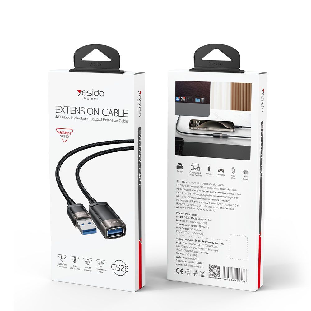 Καλώδιο Yesido GS26 USB 2.0 Male - USB 2.0 Female 1.5m Μαύρο