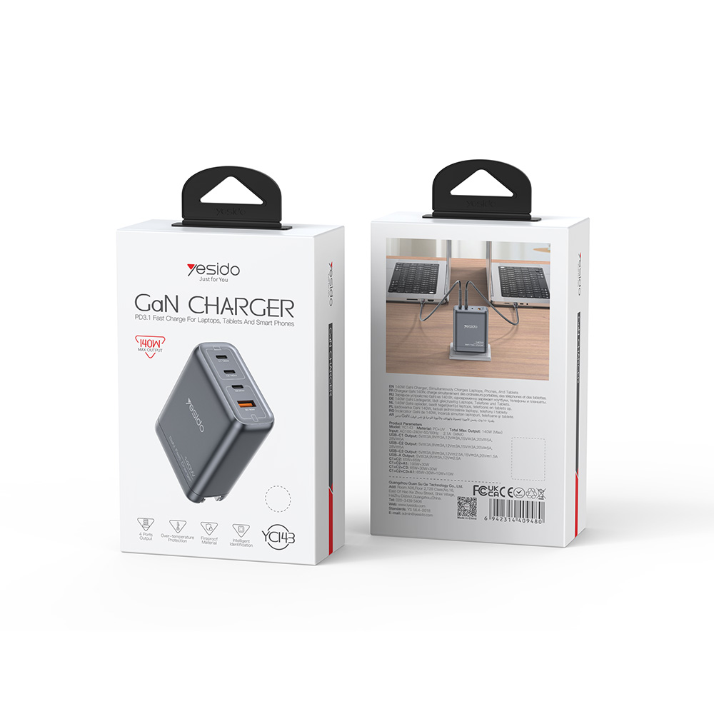 Yesido YC143 GaN Φορτιστής 3xType-C, 1xUSB-A 140W Μαύρο