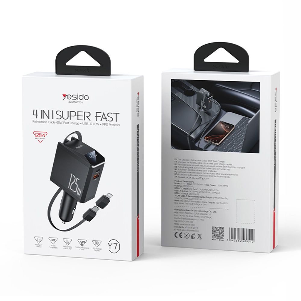Φορτιστής Αυτοκινήτου Yesido Y71 USB-A + USB-C 125W με ενσωματωμένο καλώδιο Type-C / Lightning Μαύρο