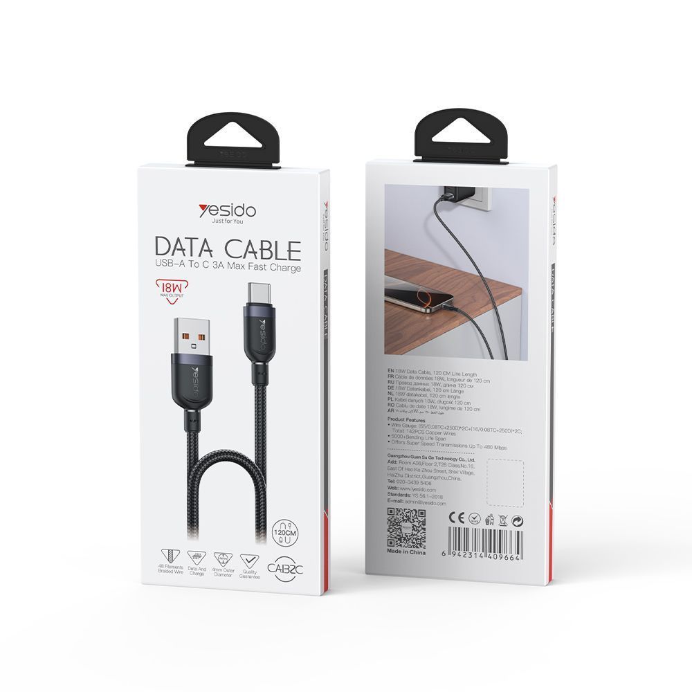 Καλώδιο Yesido CA132C Braided USB-A σε Type-C 18W 1.2m Μαύρο