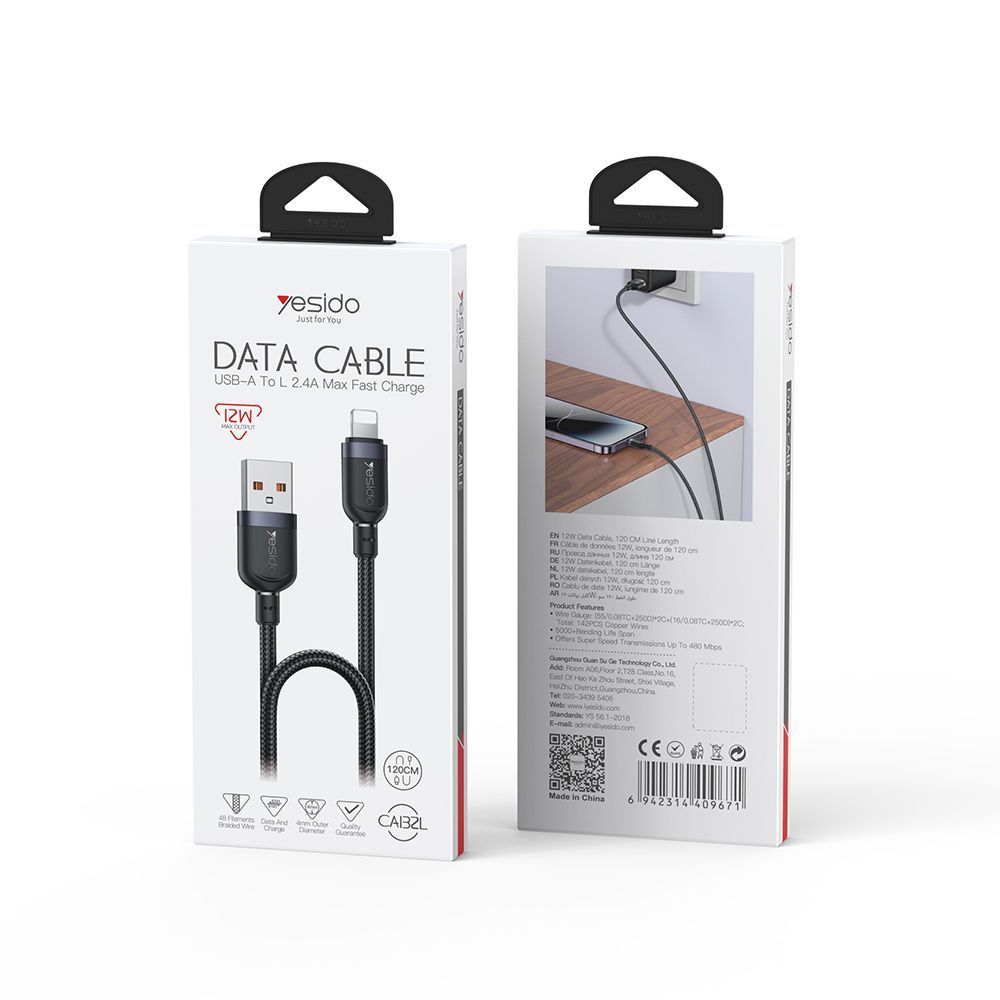 Καλώδιο Yesido CA132L Braided USB-A σε Lightning 12W 1.2m Μαύρο