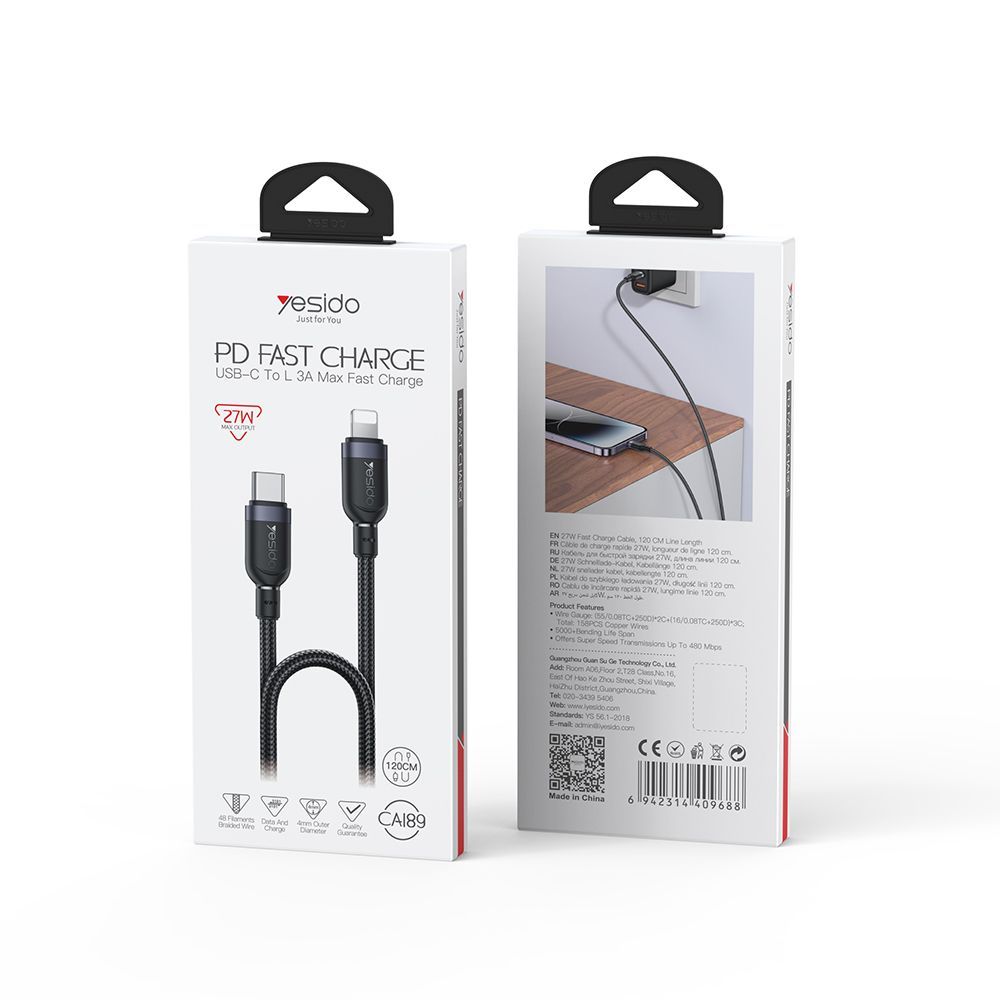 Καλώδιο Yesido CA189 Braided Type-C σε Lightning 27W 1.2m Μαύρο