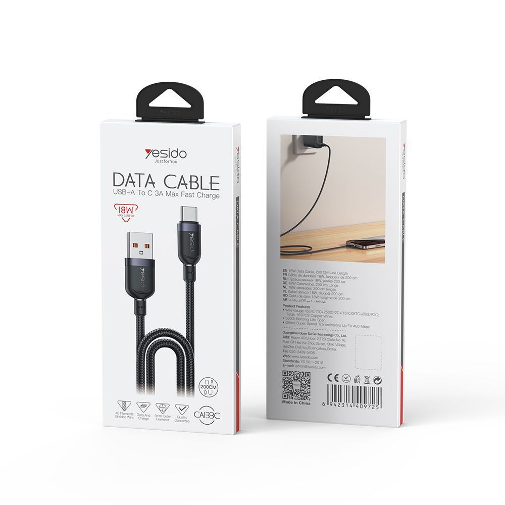 Καλώδιο Yesido CA133C Braided USB-A σε Type-C 18W 2m Μαύρο