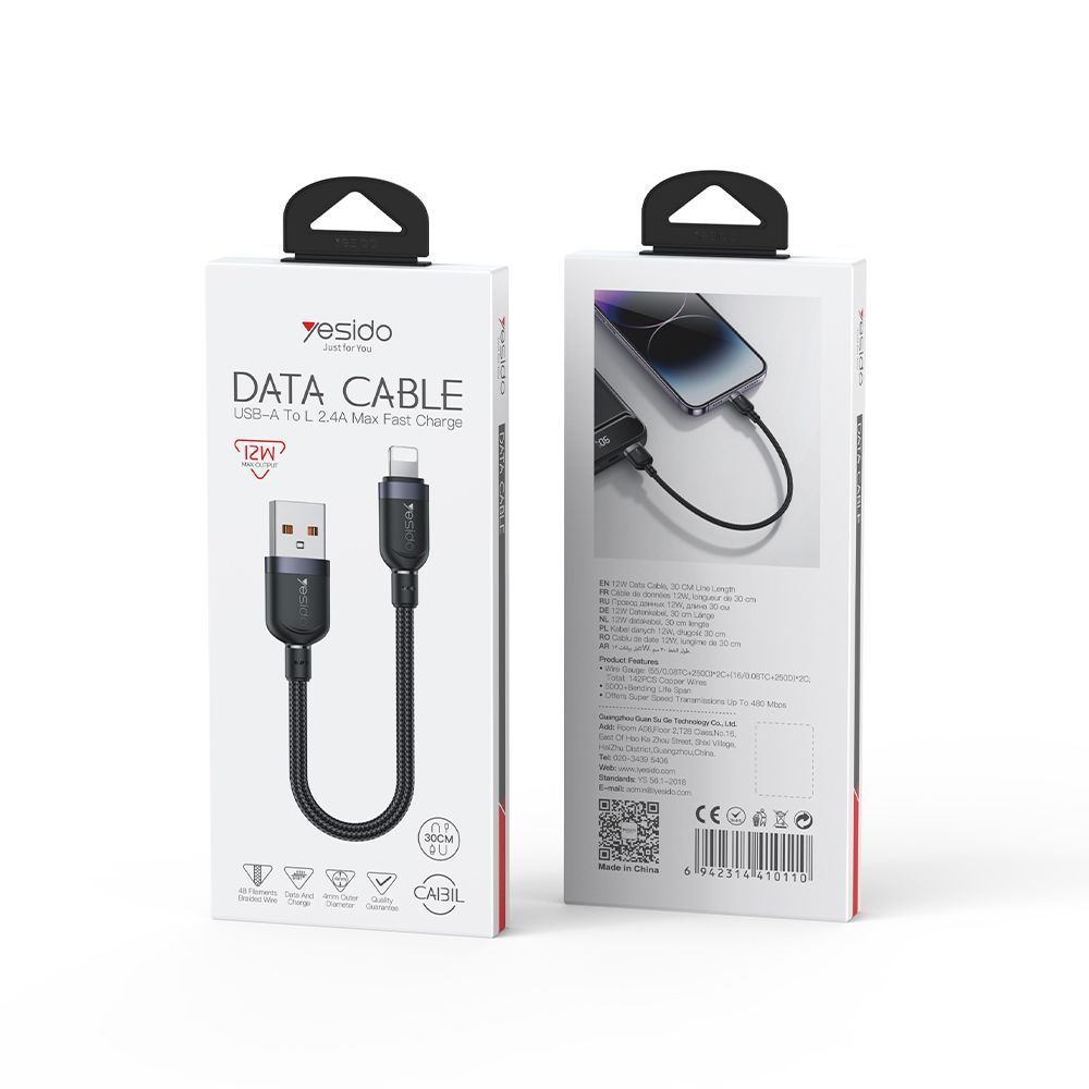 Καλώδιο Yesido CA131L Braided USB-A σε Lightning 12W 0.3m Μαύρο